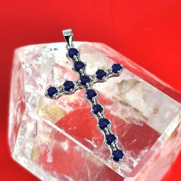 925 Sterling Silver Pendant Cross 2.5x4cm with Natural Sapphire Gem - Picture 2 of 7